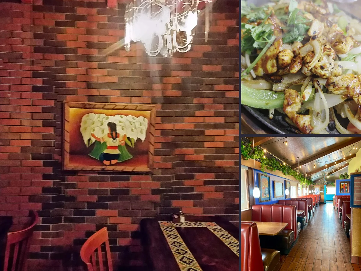 Bright walls and simple restaurant seating.