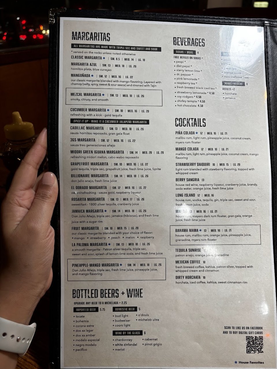 Mexican dishes listed beside drinks.